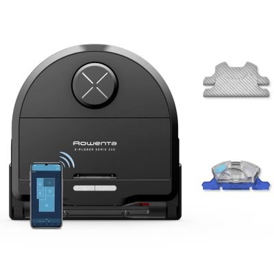 Aspirator robot Rowenta X-Plorer Serie 220 RR9465WH, aspirator si mop, autonomie 120 min, recipient praf 0.35L, nivel de zgomot 70 dB(A), sistem Smart Aqua Power, negru