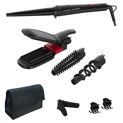 Aparat de coafat 9 in 1 ROWENTA x Karl Lagerfeld Infinite Looks CF422LF0, 9 accesorii, invelis ceramic, 48 W, varf rece, negru & rosu