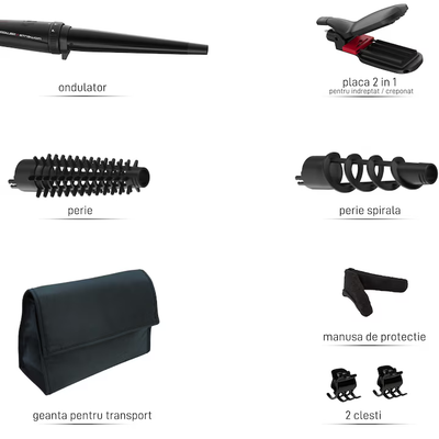 Aparat de coafat 9 in 1 ROWENTA x Karl Lagerfeld Infinite Looks CF422LF0, 9 accesorii, invelis ceramic, 48 W, varf rece, negru & rosu