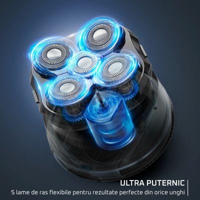 Aparat de ras pentru cap Rowenta Head Shaver TN3110E0, invelis din titan, pana la 80 min autonomie, precizie de 0.1 mm, 7300 rpm, tehnologie Wet & Dry, husa inclusa, negru & albastru