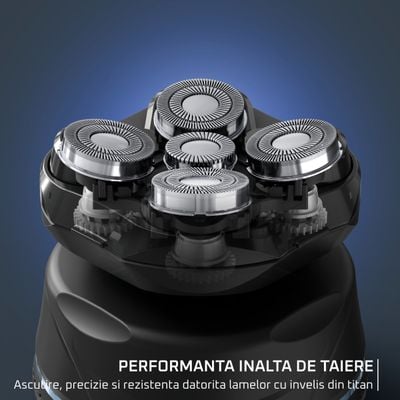 Aparat de ras pentru cap Rowenta Head Shaver TN3110E0, invelis din titan, pana la 80 min autonomie, precizie de 0.1 mm, 7300 rpm, tehnologie Wet & Dry, husa inclusa, negru & albastru