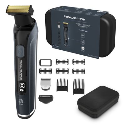 Aparat de tuns, conturat si barbierit Rowenta Forever Sharp Ultimate TN6204E0, lame din inox, invelis din titan, 8000 rpm, autonomie de pana la 120 minute, negru & albastru