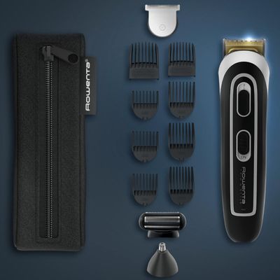 Aparat de tuns multifunctional Rowenta Selectium 13 in 1 TN9140F4, 6 piepteni ficsi, 2 piepteni ajustabili, trimmer nas & urechi, tehnologie Wet & Dry, lame din inox, autonomie 120 minute, indicator led baterie, negru/argintiu