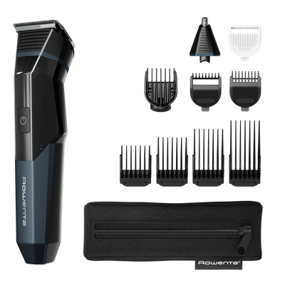 Aparat de tuns multifunctional Rowenta X Series 700 11 in 1 TN9610E0, 7500 RPM, autonomie 270 minute, lame din inox, 7 piepteni, tehnologie Wet & Dry, incarcare rapida, geanta pentru depozitare, negru & verde