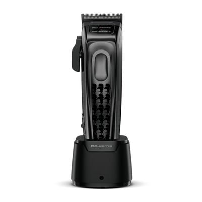 Aparat de tuns Rowenta x Karl Lagerfeld Barber Experience TN155LE0, 6500 rpm, autonomie 150 min, 6 piepteni ficsi, 6 piepteni fade, lame inox, indicator LED, baza de incarcare, negru & gri