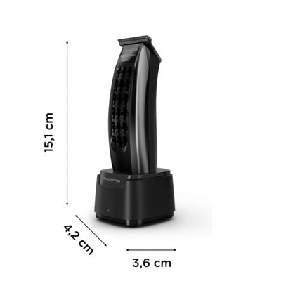 Aparat de tuns Rowenta x Karl Lagerfeld Barber Experience TN185LE0, 6500 rpm, autonomie 90 min, 5 piepteni ficsi, lame inox, baza de incarcare, indicator LED, negru & gri