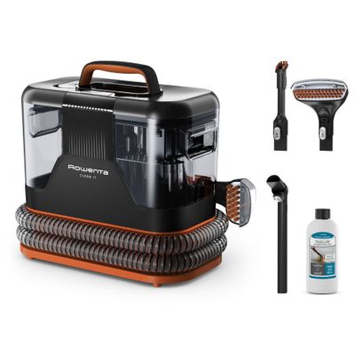 Aspirator cu spalare Rowenta Clean IT IN5011F0, 400W, rezervor apa & detergent 1.8L, rezervor apa murdara 1.5L, functie autocuratare, accesoriu spatii inguste, detergent inclus, portocaliu & negru