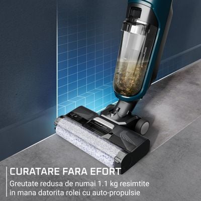 Aspirator cu spalare Rowenta X-Clean 2 GZ2251E0, 120W, 440 RPM, pana la 35 min autonomie, ecran LED, panou de control, verde & negru