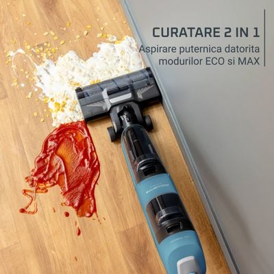 Aspirator cu spalare Rowenta X-Clean 2 GZ2271E0, 120W, 440 RPM, pana la 35 min autonomie, ecran LED, 2 role, panou de control, albastru & negru