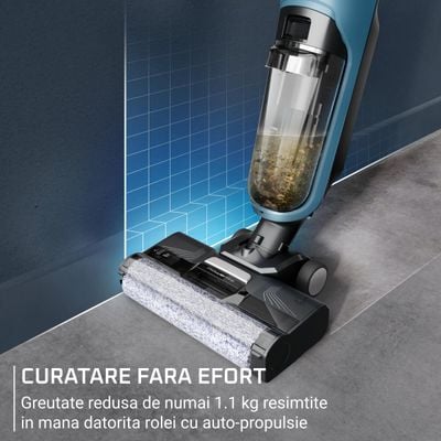 Aspirator cu spalare Rowenta X-Clean 2 GZ2271E0, 120W, 440 RPM, pana la 35 min autonomie, ecran LED, 2 role, panou de control, albastru & negru