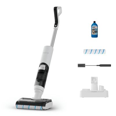 Aspirator cu spalare Rowenta X-Clean 5 Pro GZ5435E0, 250 W, 530 RPM, pana la 50 min autonomie, ecran LED, functie uscare & autocuratare, tehnologie anti-incalcire, compatibil cu detergenti, alb & negru