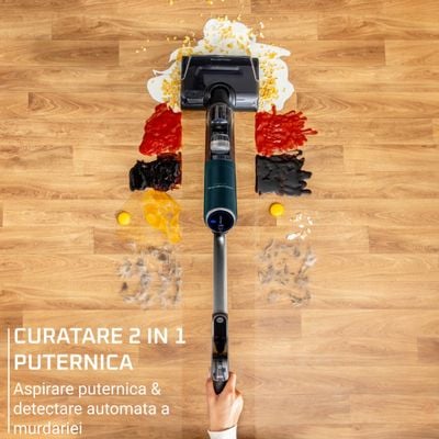 Aspirator cu spalare Rowenta X-Clean 7 GZ5735E0, 250 W, 530 RPM, pana la 50 min autonomie, ecran LED, functie uscare & autocuratare, baza de incarcare, verde & gri