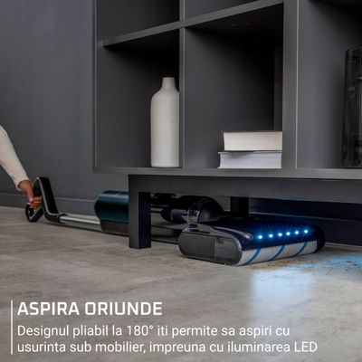 Aspirator cu spalare Rowenta X-Clean 7 GZ5735E0, 250 W, 530 RPM, pana la 50 min autonomie, ecran LED, functie uscare & autocuratare, baza de incarcare, verde & gri