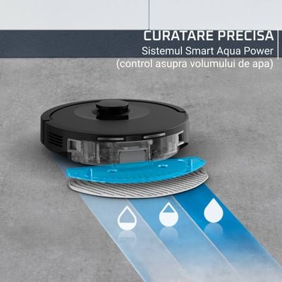 Aspirator robot Rowenta X-Plorer Serie 85+ RR87D5WH, aspira si spala, putere de aspirare 6000 Pa, autonomie 270 minute, 4 trepte de putere, statie de incarcare si golire praf, sistem Smart Aqua Power, negru