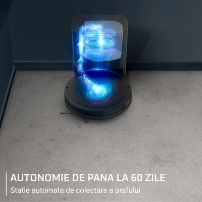 Aspirator robot Rowenta X-Plorer Serie 85+ RR87D5WH, aspira si spala, putere de aspirare 6000 Pa, autonomie 270 minute, 4 trepte de putere, statie de incarcare si golire praf, sistem Smart Aqua Power, negru
