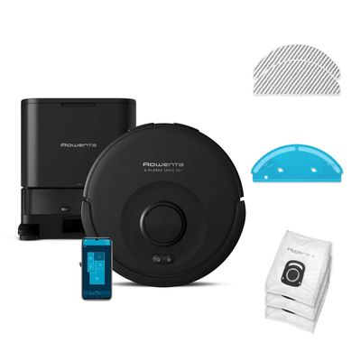 Aspirator robot Rowenta X-Plorer Serie 85+ RR87D5WH, aspira si spala, putere de aspirare 6000 Pa, autonomie 270 minute, 4 trepte de putere, statie de incarcare si golire praf, sistem Smart Aqua Power, negru