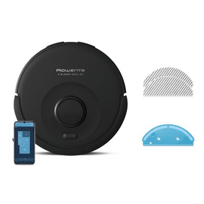 Aspirator robot Rowenta X-Plorer Serie 85 RR87C5WH, aspira si spala, putere de aspirare 6000 Pa, autonomie 270 minute, 4 trepte de putere, statie de incarcare, sistem Smart Aqua Power, negru