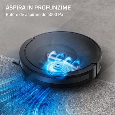 Aspirator robot Rowenta X-Plorer Serie 85 RR87C5WH, aspira si spala, putere de aspirare 6000 Pa, autonomie 270 minute, 4 trepte de putere, statie de incarcare, sistem Smart Aqua Power, negru