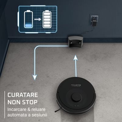 Aspirator robot Rowenta X-Plorer Serie 85 RR87C5WH, aspira si spala, putere de aspirare 6000 Pa, autonomie 270 minute, 4 trepte de putere, statie de incarcare, sistem Smart Aqua Power, negru