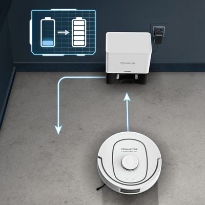 Aspirator robot Rowenta X-Plorer Serie 380+ RR89U7E0, putere 8.000 Pa, 120 minute, 4 trepte putere, management harti, statie de incarcare cu golire automata, recipient praf 0.22 L, laser LiDAR 360&deg;, perie anti-incalcire, Wi-Fi, alb