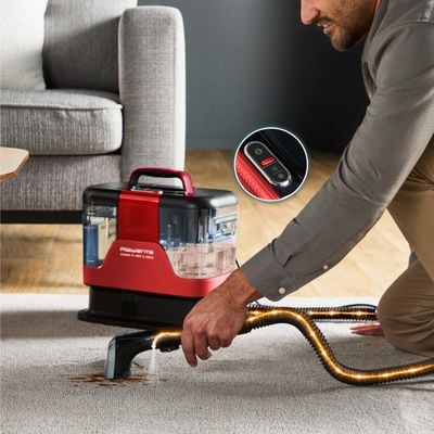 Aspirator tapiterie Rowenta Clean IT Hot & Cold IN7020F0, 1150 W, putere aspirare 13 kpa, rezervor apa & detergent 2.3 L, rezervor apa murdara 1.5 L, tehnologie PowerHeat, functie autocuratare, perie 8 cm, detergent inclus, rosu & gri