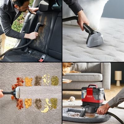 Aspirator tapiterie Rowenta Clean IT Hot & Cold IN7020F0, 1150 W, putere aspirare 13 kpa, rezervor apa & detergent 2.3 L, rezervor apa murdara 1.5 L, tehnologie PowerHeat, functie autocuratare, perie 8 cm, detergent inclus, rosu & gri