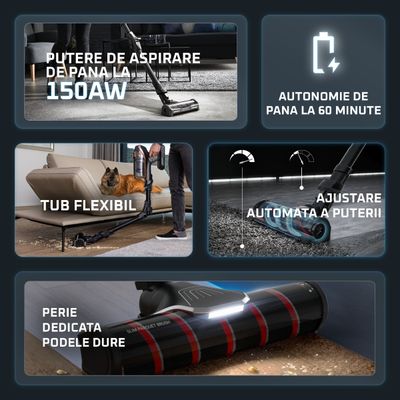 Aspirator vertical fără fir Rowenta X-Force Flex 12.60 Neo Complete RH9L55E0, 150 air watts, autonomie de până la 60 min, recipient praf 0.65L, iluminare LED, tub Flex, funcție Boost, negru & gri