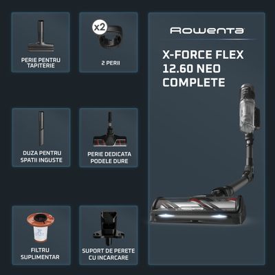 Aspirator vertical fără fir Rowenta X-Force Flex 12.60 Neo Complete RH9L55E0, 150 air watts, autonomie de până la 60 min, recipient praf 0.65L, iluminare LED, tub Flex, funcție Boost, negru & gri