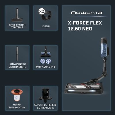 Aspirator vertical Rowenta X-Force Flex 12.60 NEO RH9LC1WO cu mop, 380W, autonomie 60 min, panou de control, recipient praf 0.65L, albastru & negru