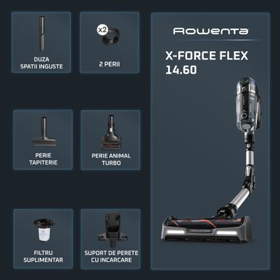 Aspirator vertical Rowenta X-Force Flex 14.60 RH9958WA, 200 AW, Smart Control Display, Functie Boost, autonomie 1 ora 10 minute, Negru/gri 