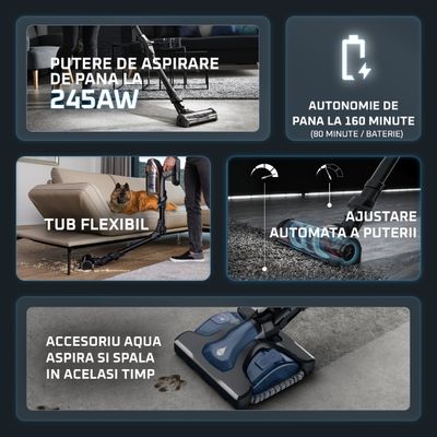 Aspirator vertical Rowenta X-Force Flex 15.60 Aqua RH99G3WO, 520W, 2 baterii cu autonomie de cate 80 min, tehnologie flex, display control, accesorii animal care, stație încărcare, recipient praf 0.9L, perie cu LED, negru&maro