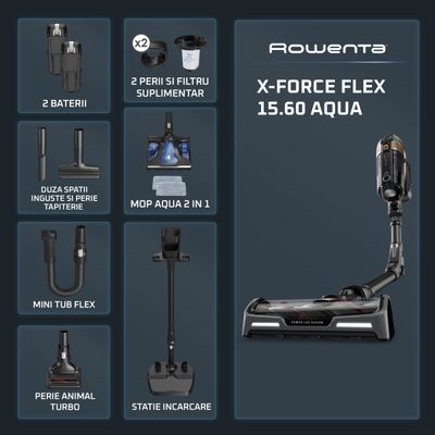 Aspirator vertical Rowenta X-Force Flex 15.60 Aqua RH99G3WO, 520W, 2 baterii cu autonomie de cate 80 min, tehnologie flex, display control, accesorii animal care, stație încărcare, recipient praf 0.9L, perie cu LED, negru&maro