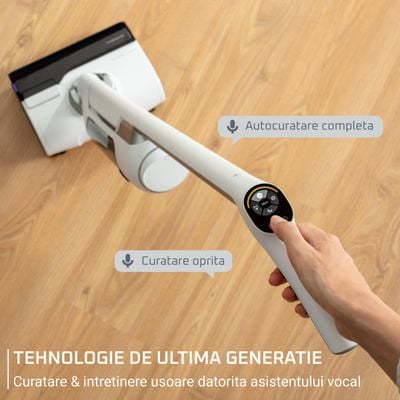 Aspirator cu spalare Rowenta X-Clean 10 GZ7540WO, 200W, 550 RPM, pana la 60 min autonomie, ecran LED, functie uscare & autocuratare, baza de incarcare, nivel scazut de zgomot, alb & argintiu
