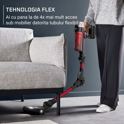 Aspirator vertical Rowenta X-Force Flex 9.60 Complete RH2099WO, 250W, 45 minute autonomie, 3 trepte de putere, perie covoare si podele dure cu LED, perie Animal Turbo, statie de incarcare, negru & rosu