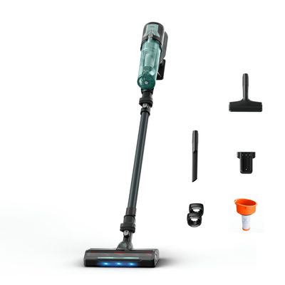 Aspirator vertical fara fir Rowenta X-Force 8.80 RH1831E0, 250 W, 100 air watts, autonomie de pana la 45 minute, iluminare LED, sistem Digital Control, greutate redusa, filtrare pana la 99%, verde & negru