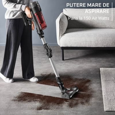 Aspirator vertical fără fir Rowenta X-Force Flex 13.60 Complete Animal RH9A93E0, 150 air watts, iluminare LED, tub flex, funcție boost, capacitate recipient praf 0.65L, roșu & argintiu