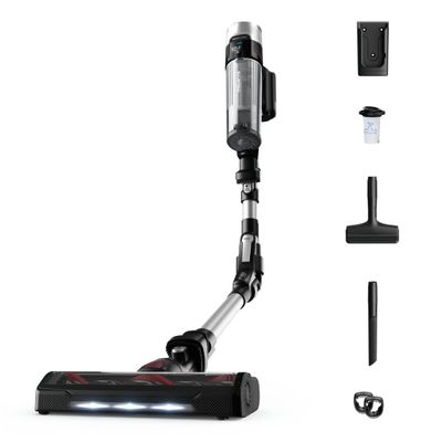 Aspirator vertical fara fir Rowenta X-Force Flex 9.60 Allergy RH2036WO, 250W, 100 air watts, 3 trepte de putere, functie boost, perie cu iluminare LED, autonomie pana la 45 minute, Negru & Gri