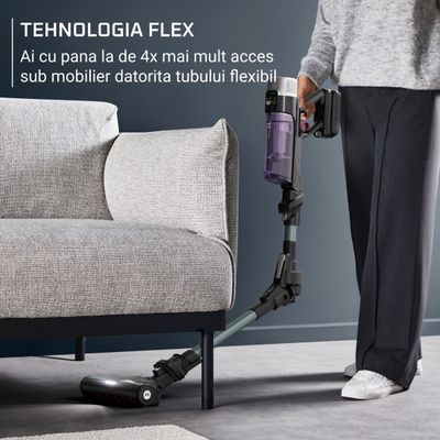 Aspirator vertical Rowenta X-Force Flex 9.60 Allergy RH2048WO, 250W, 45 minute autonomie, 3 trepte de putere, iluminare LED, functie Boost, statie de incarcare, negru & violet