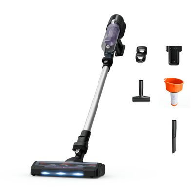 Aspirator vertical fara fir Rowenta X-Pert 5.80 RH5A31E0, 150 W, autonomie de pana la 40 minute, iluminare LED, sistem Digital Control, greutate redusa, filtrare pana la 99%, violet & argintiu