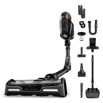 Aspirator vertical fara fir X-Force Flex 15.60 Animal RH99F3WO, 550W, Tehnologie flex, display control, accesorii animal care, stație &icirc;ncărcare, autonomie 160 min, recipient praf 0.9L, functie boost, negru&maro