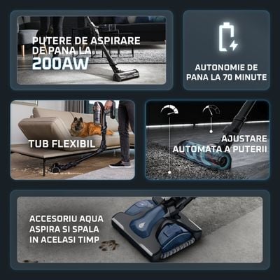 Aspirator vertical Rowenta X-Force Flex 14.6 Aqua RH99C3WO, 200 Air Watts, Functie Boost, autonomie 1.10h, putere 480 W, tub flexibil, iluminare LED, ajustare automata a puterii, sistem Aqua, gri & albastru