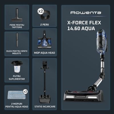 Aspirator vertical Rowenta X-Force Flex 14.6 Aqua RH99C3WO, 200 Air Watts, Functie Boost, autonomie 1.10h, putere 480 W, tub flexibil, iluminare LED, ajustare automata a puterii, sistem Aqua, gri & albastru