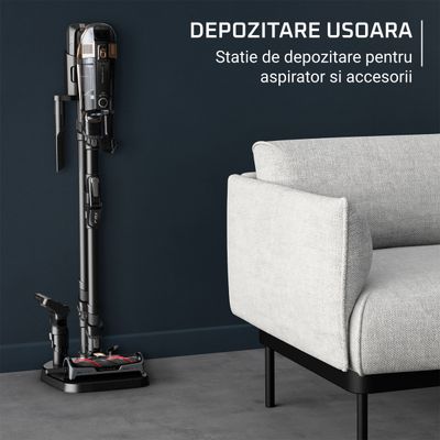 Aspirator vertical Rowenta X-Force Flex 15.60 Aqua RH99G3WO, 520W, 2 baterii cu autonomie de cate 80 min, tehnologie flex, display control, accesorii animal care, stație încărcare, recipient praf 0.9L, perie cu LED, negru&maro