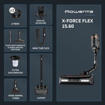 Aspirator vertical Rowenta X-Force Flex 15.60 RH99F1WO, 520W, Tehnologie flex, display control, accesorii animal care, stație încărcare, recipient praf 0.9L, autonomie max 1h și 20min, negru&maro