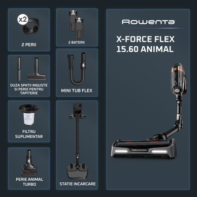 Aspirator vertical fara fir Rowenta X-Force Flex 15.60 Animal RH99F3WO, 550W, 2 baterii cu autonomie de cate 80 min, Tehnologie flex, display control, accesorii animal care, stație încărcare, recipient praf 0.9L, negru&maro