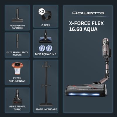 Aspirator vertical Rowenta X-Force Flex 16.60 Aqua RH9CD9E0, 780W, autonomie 120 min, tehnologie flex, display control, accesorii animal care, statie incarcare, recipient praf 0.65L, perie cu LED, roz&negru 