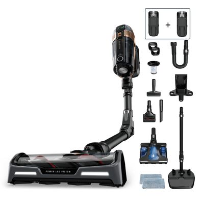 Aspirator vertical Rowenta X-Force Flex 15.60 Aqua RH99G3WO, 520W, 2 baterii cu autonomie de cate 80 min, tehnologie flex, display control, accesorii animal care, stație &icirc;ncărcare, recipient praf 0.9L, perie cu LED, negru&maro