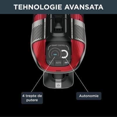 Aspirator vertical Rowenta X-Force Flex 12.60 RH98A8WO, 2 in 1, putere 320 W, putere aspirare 150 AirWats, autonomie pana la 45 min, tehnologie ciclonica, Animal Care, Negru/rosu