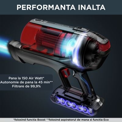 Aspirator vertical Rowenta X-Force Flex 12.60 RH98A8WO, 2 in 1, putere 320 W, putere aspirare 150 AirWats, autonomie pana la 45 min, tehnologie ciclonica, Animal Care, Negru/rosu