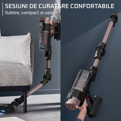 Aspirator vertical Rowenta X-Force Flex 16.60 Aqua RH9CD9E0, 780W, autonomie 120 min, tehnologie flex, display control, accesorii animal care, statie incarcare, recipient praf 0.65L, perie cu LED, roz&negru 